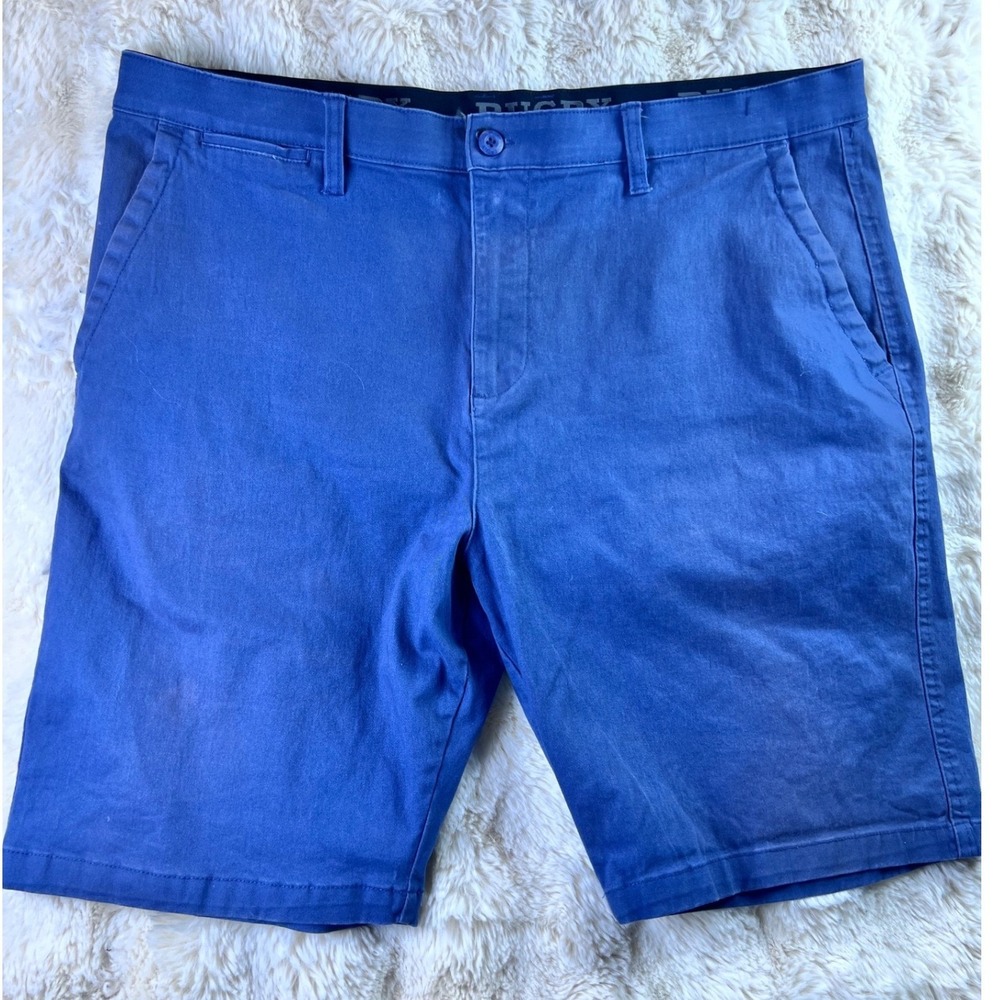 Rugby University Mens Blue Chino Shorts Size 38W Flat Front Casual Short. A19